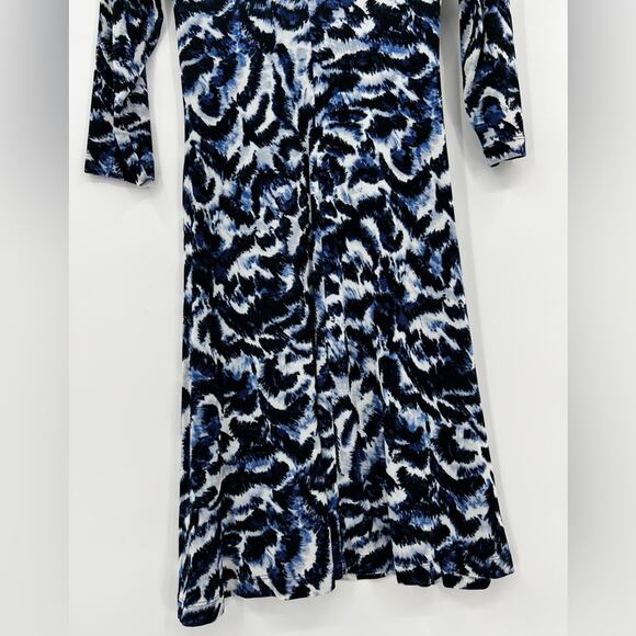 Chico’s Travelers Printed Faux Wrap Midi Dress 3/4 Sleeve V Neck Blue Medium - Picture 7 of 12